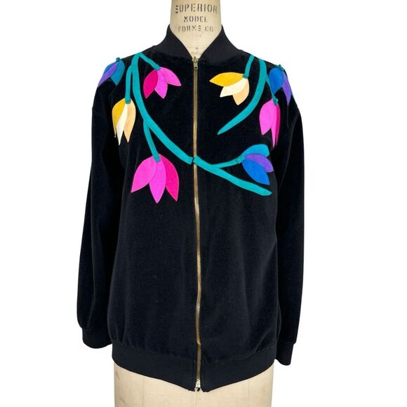 Vintage Ella Manfredi Women's Velour Track Jacket Small Black Floral USA Granny - Picture 2 of 13
